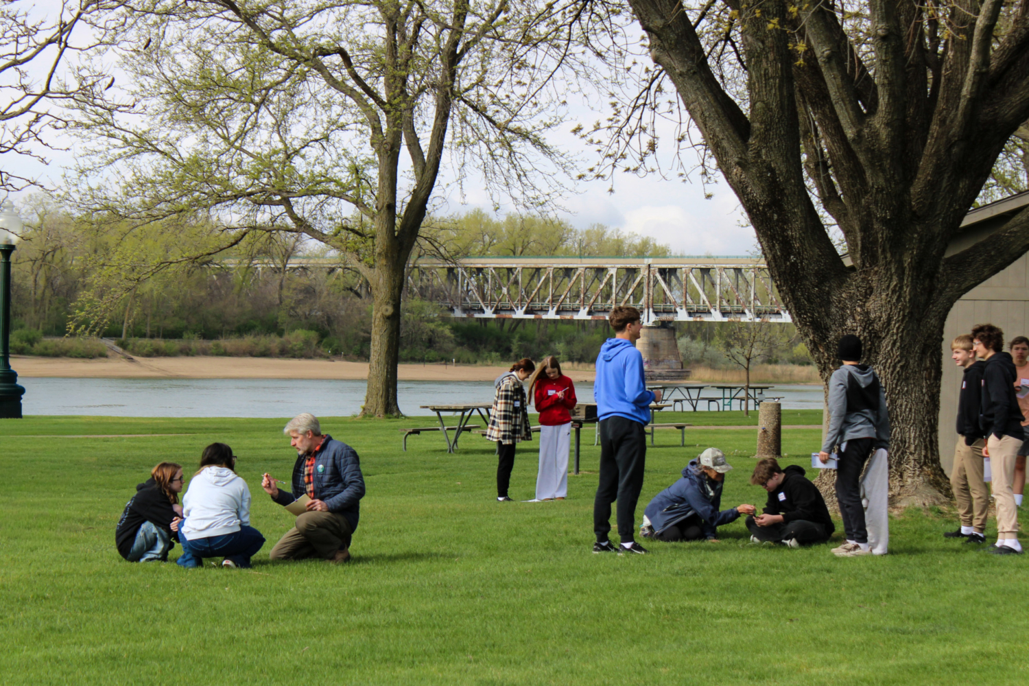 Students spread out in a grassy area observing nature around them and making notes.